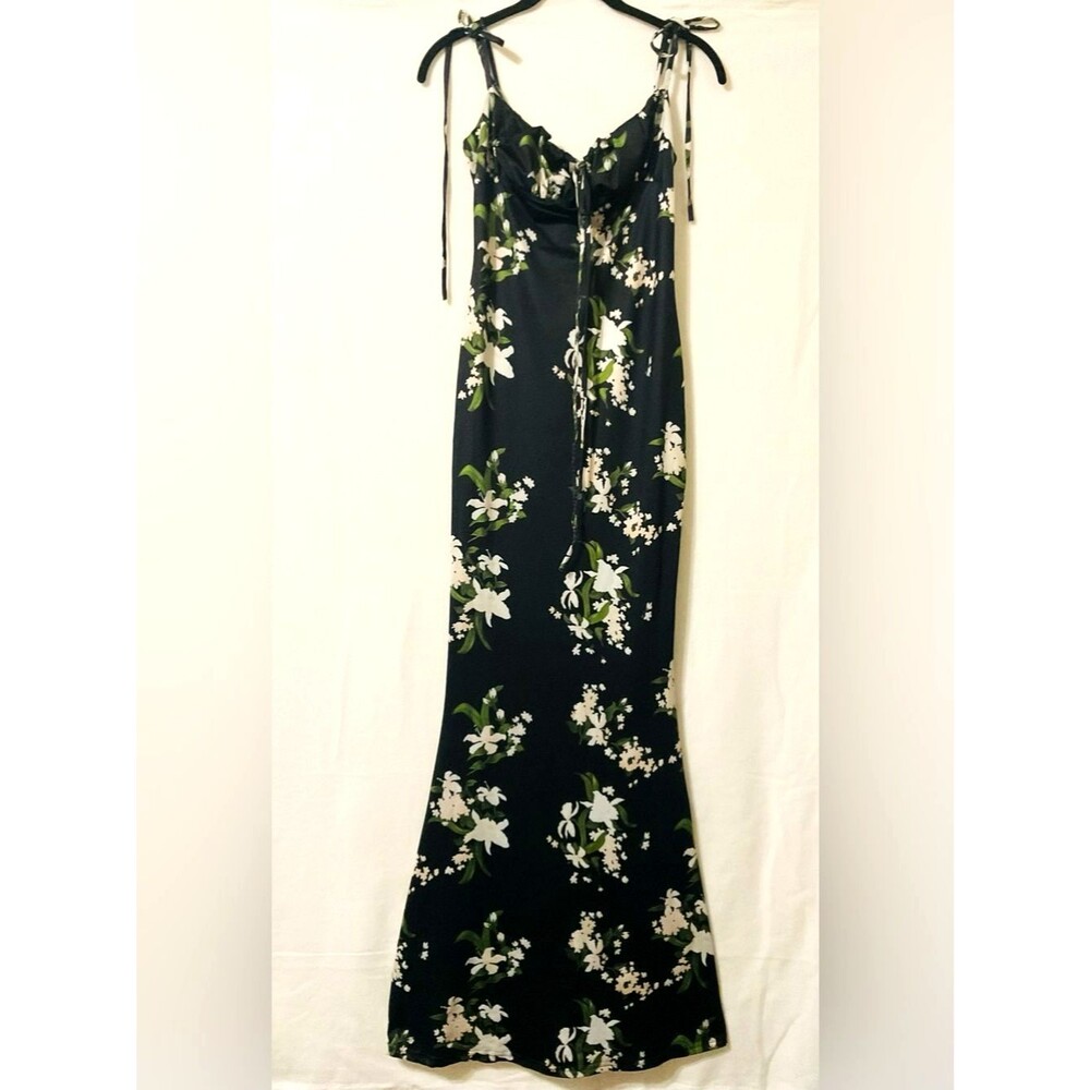 Parthea Floral Ruched Tie Strap Maxi Dress S  Black Cottagecore Prom Evening